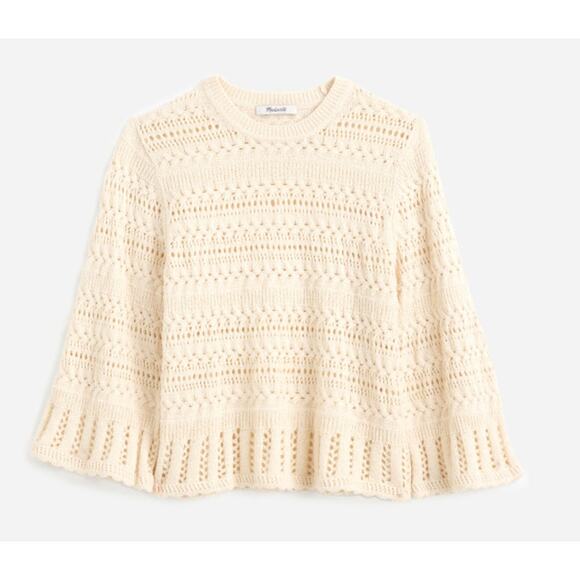 Madewell Scalloped-Trim Sweater Tee Sz XS Sand Crewneck Crop Open Knit Pullover - Picture 4 of 9